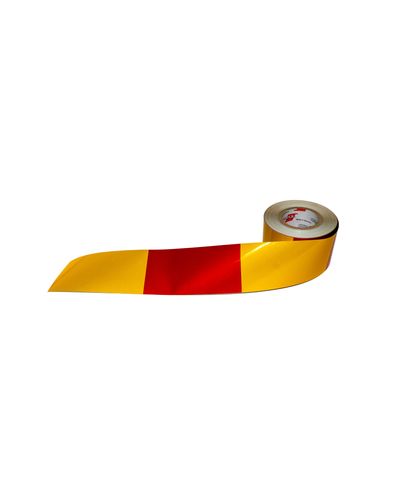 Advarselstape lodret stribe rød/gul R1, 100 mm